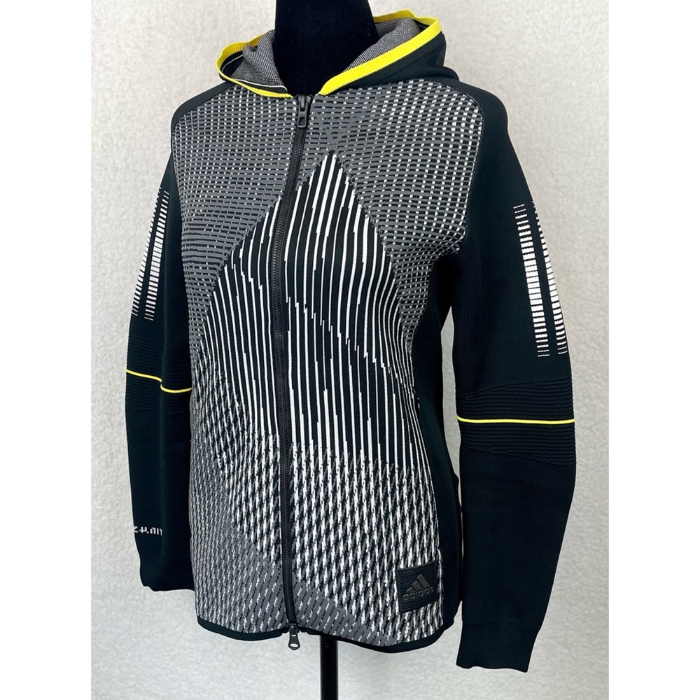 ADIDAS • Black/White/Grey/Yellow Abstract Print Full-Zip Hooded Knit Jacket, S - Picture 11 of 16